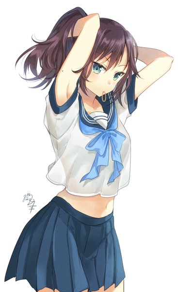 Anime picture 845x1381 with original nekozuki yuki single tall image looking at viewer blush fringe short hair simple background hair between eyes brown hair standing white background holding green eyes signed ponytail head tilt pleated skirt arms up