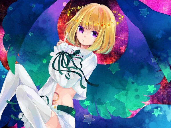 Anime picture 1333x1000 with beatmania beatmania iidx rche (beatmania) bonne c single looking at viewer short hair blonde hair purple eyes girl thighhighs white thighhighs wings star (symbol)