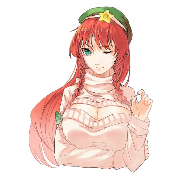 Anime picture 1000x1000 with touhou hong meiling tansuan zhanshi single long hair looking at viewer simple background white background green eyes red hair braid (braids) one eye closed wink twin braids girl sweater beret turtleneck open-chest turtleneck