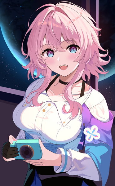 Anime picture 2529x4093 with honkai: star rail honkai (series) march 7th (honkai: star rail) rererere mon single tall image looking at viewer blush fringe highres short hair open mouth blue eyes hair between eyes pink hair upper body :d space girl choker