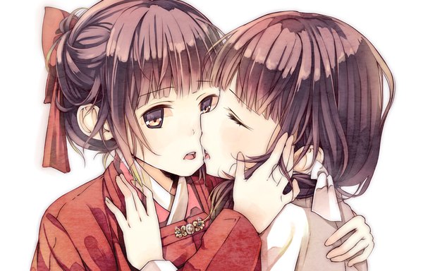 Anime picture 1000x640 with original pvmivs long hair open mouth black hair white background multiple girls yellow eyes eyes closed traditional clothes couple hug shoujo ai face to face almost kiss girl hair ornament bow 2 girls hair bow