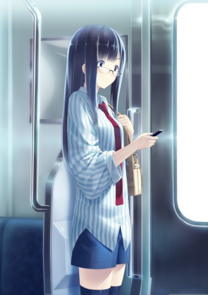 Anime picture 1000x1412 with original ac (eshi) single long hair tall image blue eyes black hair girl shirt glasses necktie bag phone