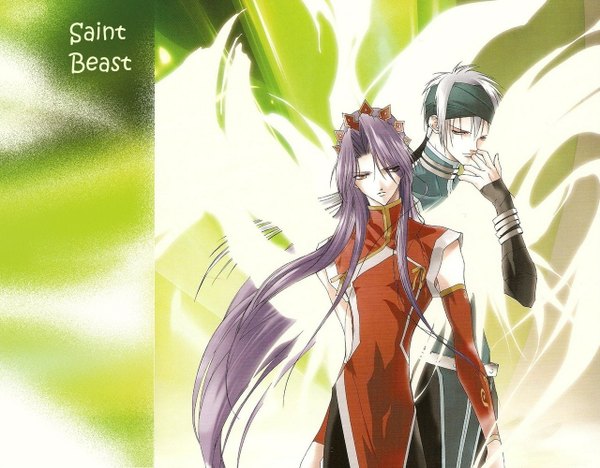Anime picture 1280x1000 with saint beast rey (suzaku) luca (houou) long hair red eyes purple hair grey hair couple shounen ai boy wings bracelet