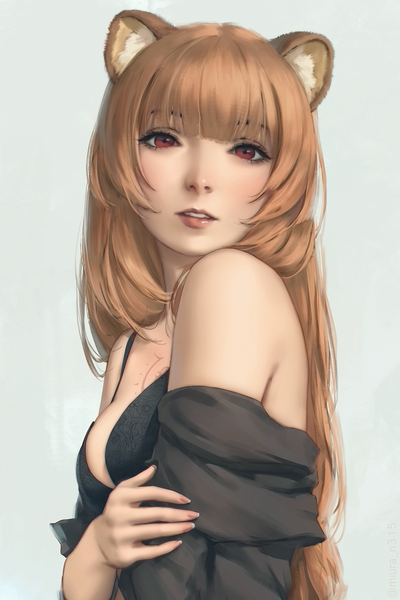 Anime picture 1200x1800 with tate no yuusha no nariagari kinema citrus raphtalia miura-n315 single long hair tall image looking at viewer blush fringe breasts light erotic simple background red eyes brown hair bare shoulders animal ears upper body parted lips realistic