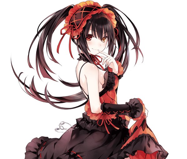 Anime picture 1600x1360 with date a live tokisaki kurumi tsunako single long hair blush fringe black hair simple background smile white background twintails bare shoulders looking away official art heterochromia sideboob turning head finger to mouth lolita fashion
