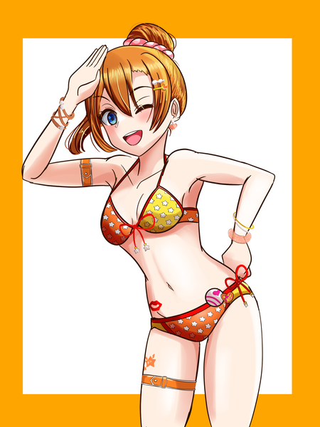 Anime picture 2400x3200 with love live! school idol project sunrise (studio) love live! kousaka honoka yunite68 single tall image looking at viewer blush fringe highres short hair breasts open mouth blue eyes light erotic simple background smile hair between eyes standing