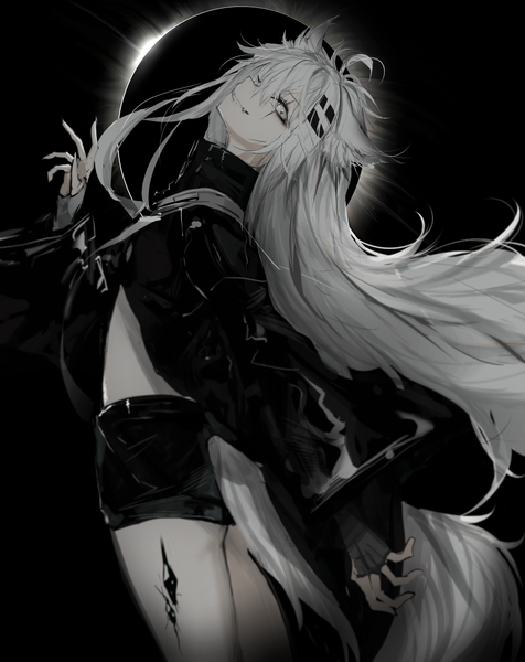 Anime picture 959x1209 with arknights lappland (arknights) narue single long hair tall image looking at viewer fringe simple background smile hair between eyes standing animal ears payot silver hair ahoge tail head tilt animal tail fingernails
