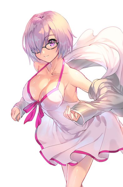 Anime picture 526x800 with fate (series) fate/grand order mash kyrielight mash kyrielight (swimsuit of perpetual summer) yoshimoto (dear life) single tall image fringe short hair breasts light erotic simple background smile large breasts white background purple eyes looking away cleavage purple hair hair over one eye