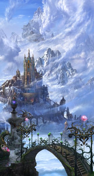 Anime picture 1024x1902 with original ucchiey tall image sky cloud (clouds) snow mountain flying fantasy lantern dragon castle bridge tower
