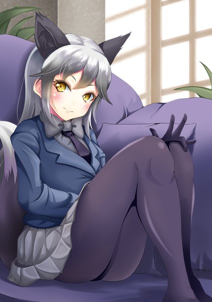 Anime picture 700x996 with kemono friends silver fox (kemono friends) yumibakama meme single long hair tall image looking at viewer blush light erotic smile sitting animal ears yellow eyes silver hair bent knee (knees) indoors tail head tilt animal tail pleated skirt