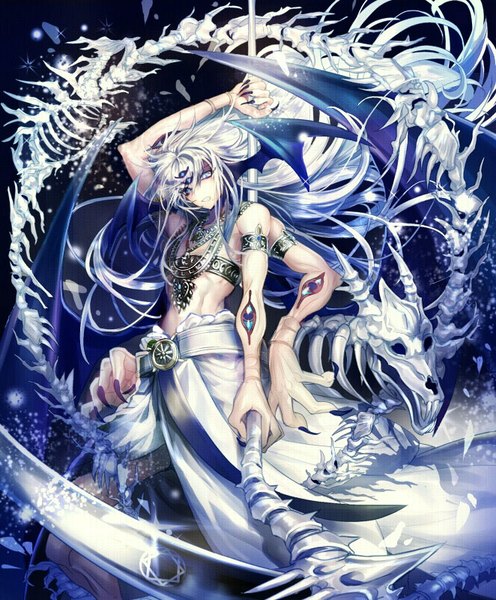 Anime picture 662x800 with magi the labyrinth of magic a-1 pictures ren hakuryuu bun-o (artist) single tall image looking at viewer fringe blue eyes holding ahoge white hair head tilt fingernails pale skin long fingernails black wings head wings eyes bone (bones)