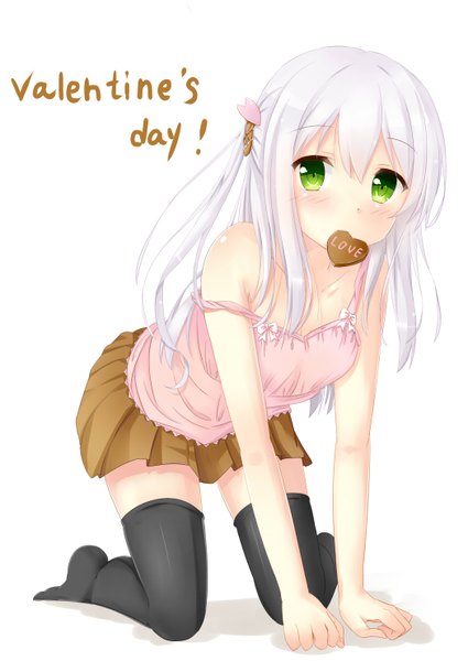 Anime picture 1050x1482 with original mitoko (tsuchikure) tsuchikure (3105mitoko) single long hair tall image looking at viewer blush simple background white background bare shoulders green eyes white hair valentine girl thighhighs skirt black thighhighs food heart