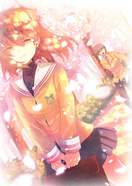 Anime picture 826x1169 with clannad key (studio) furukawa nagisa okazaki tomoya furai (furai127) tall image short hair open mouth brown hair ahoge eyes closed wind grey hair tears cherry blossoms crying screaming spring girl boy