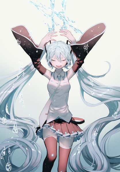 Anime picture 1842x2652 with vocaloid hatsune miku charice single tall image fringe highres breasts open mouth simple background hair between eyes white background twintails eyes closed very long hair pleated skirt aqua hair wide sleeves arms up zettai ryouiki