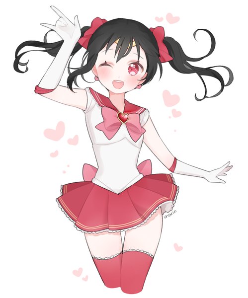 Anime picture 765x920 with love live! school idol project bishoujo senshi sailor moon sunrise (studio) toei animation love live! yazawa nico marin (myuy 3) long hair tall image blush open mouth black hair simple background red eyes white background twintails signed looking away one eye closed wink