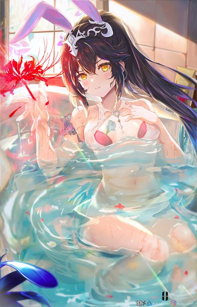 Anime-Bild 1428x2224 mit douluo continent xiao wu hbattousai single long hair tall image looking at viewer blush fringe breasts light erotic black hair smile hair between eyes signed animal ears yellow eyes payot bent knee (knees) ponytail