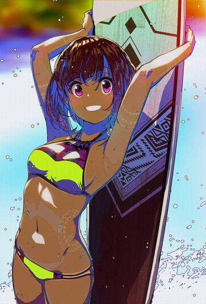 Anime picture 2384x3508 with original apapico single tall image looking at viewer blush fringe highres short hair breasts light erotic smile brown hair standing purple eyes holding blurry arms up grin sideboob