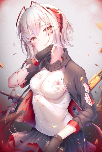 Anime picture 2000x2964 with arknights w (arknights) amaroku neko single tall image looking at viewer fringe highres short hair hair between eyes silver hair ahoge open jacket sparkle hand on face injury bleeding girl gloves weapon