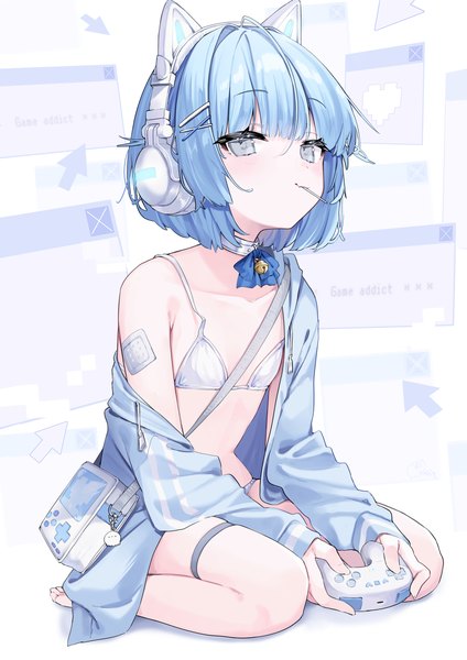 Anime picture 1447x2047 with original koyubita single tall image looking at viewer blush fringe short hair light erotic sitting holding blue hair full body blunt bangs long sleeves barefoot off shoulder grey eyes mouth hold flat chest