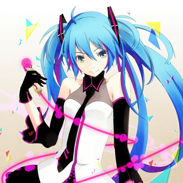 Anime picture 1000x1000 with vocaloid hatsune miku mujun (zipper) single long hair looking at viewer smile twintails bare shoulders holding green eyes blue hair ahoge glowing girl gloves detached sleeves necktie microphone wire (wires)