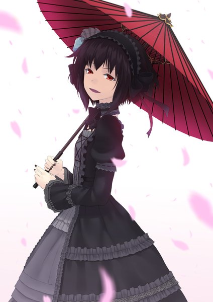 Anime picture 1000x1414 with original juu ho tall image looking at viewer short hair black hair simple background smile red eyes white background nail polish happy gothic girl dress petals choker headdress umbrella