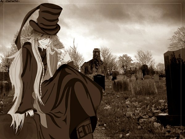 Anime picture 1024x768 with kuroshitsuji a-1 pictures undertaker single long hair smile sitting white hair monochrome eating boy hat cloak top hat cemetery