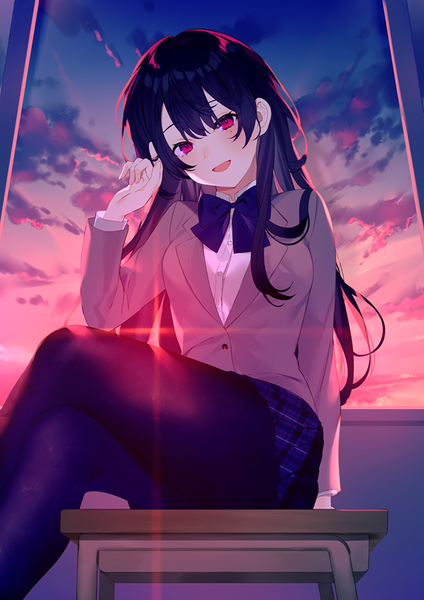 Anime picture 636x900 with original achiki single long hair tall image looking at viewer blush fringe open mouth black hair smile hair between eyes red eyes sitting payot sky cloud (clouds) indoors head tilt :d
