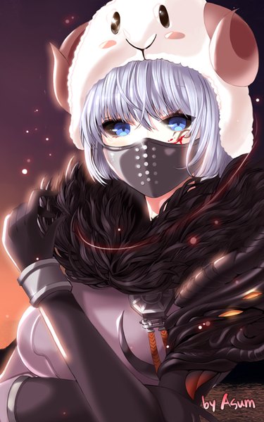 Anime-Bild 500x800 mit blade & soul asum single tall image looking at viewer fringe short hair breasts blue eyes silver hair tattoo girl gloves elbow gloves headdress mask