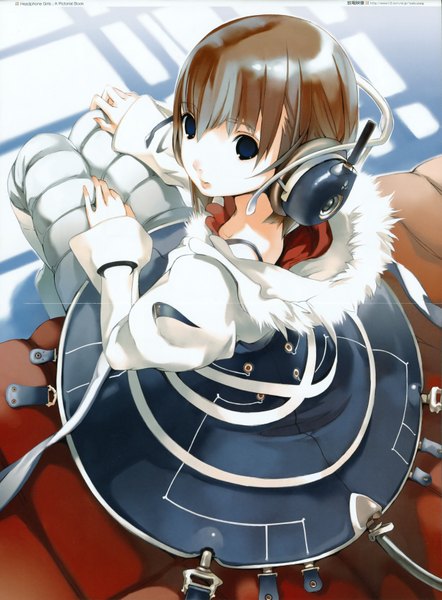 Anime picture 2582x3500 with megami magazine girl's avenue houden eizou single tall image highres short hair blue eyes brown hair sitting looking back girl dress headphones