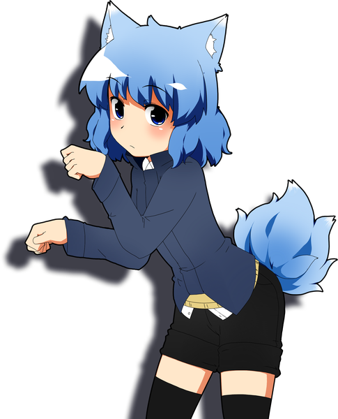 Anime picture 2017x2495 with original raoorica single tall image looking at viewer blush highres short hair blue eyes animal ears blue hair tail animal tail shadow transparent background girl thighhighs black thighhighs