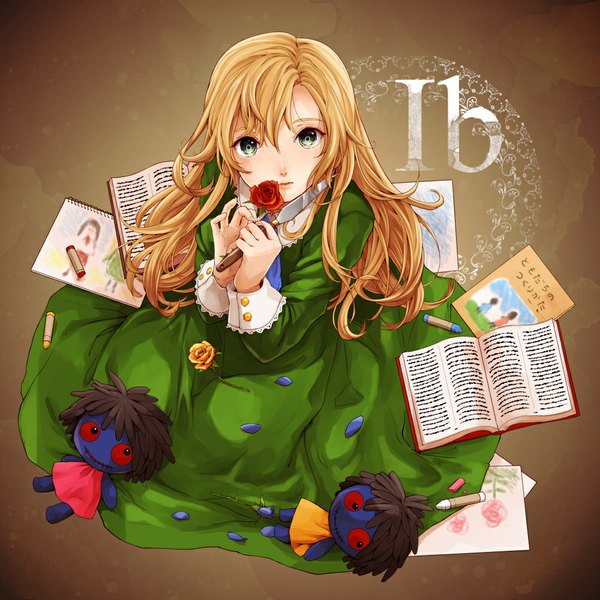 Anime picture 1000x1000 with ib (game) mary (ib) single long hair looking at viewer blonde hair sitting green eyes copyright name text girl dress petals boots rose (roses) toy knife paper green dress crayon
