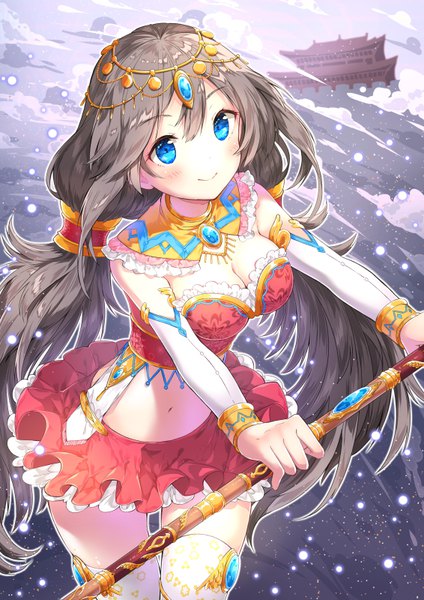 Anime picture 566x800 with original chitetan single long hair tall image looking at viewer blush fringe blue eyes smile hair between eyes brown hair twintails holding payot cleavage cloud (clouds) from above zettai ryouiki low twintails