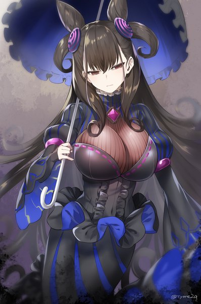 Anime picture 713x1075 with fate (series) fate/grand order murasaki shikibu (fate) tyone single long hair tall image looking at viewer fringe breasts light erotic black hair hair between eyes standing holding brown eyes signed upper body long sleeves wide sleeves