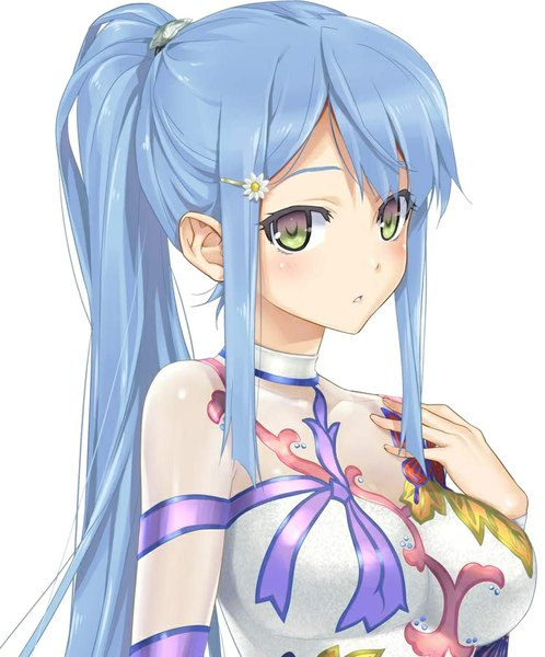 Anime picture 747x900 with bishoujo mangekyou (game) omega star sawatari shizuku happoubi jin single long hair tall image looking at viewer blush fringe breasts simple background large breasts white background green eyes payot blue hair ponytail parted lips hair flower