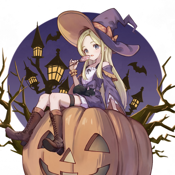 Anime picture 1987x1987 with original yuri yone single long hair highres blonde hair sitting purple eyes full body from below halloween bare tree girl plant (plants) hat animal tree (trees) food sweets witch hat