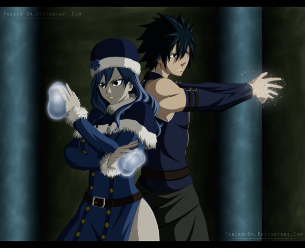 Anime picture 2998x2434 with fairy tail gray fullbuster juvia lockser fabiansm long hair highres short hair black hair blue hair black eyes couple coloring magic letterboxed back to back girl dress boy water fur