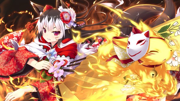 Anime picture 1280x720 with sankai ou no yubiwa eushully ruai (sankai ou no yubiwa) yakuri single looking at viewer black hair wide image purple eyes animal ears game cg white hair tail traditional clothes japanese clothes animal tail multicolored hair hair flower wide sleeves two-tone hair