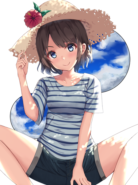 Anime picture 1075x1434 with love live! sunshine!! sunrise (studio) love live! watanabe you kanikou single tall image looking at viewer blush fringe blue eyes smile bent knee (knees) head tilt sunlight arm support spread legs striped adjusting hat girl