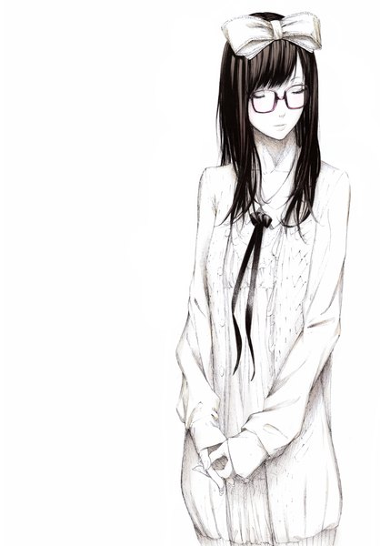 Anime picture 1000x1434 with original sousou (sousouworks) single long hair tall image blush simple background brown hair standing white background eyes closed monochrome girl dress ribbon (ribbons) bow hair bow glasses