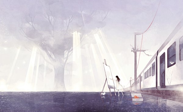 Anime picture 1150x704 with original hanyijie single long hair black hair wide image looking away barefoot sunlight reflection fog girl dress water white dress wire (wires) train suitcase easel