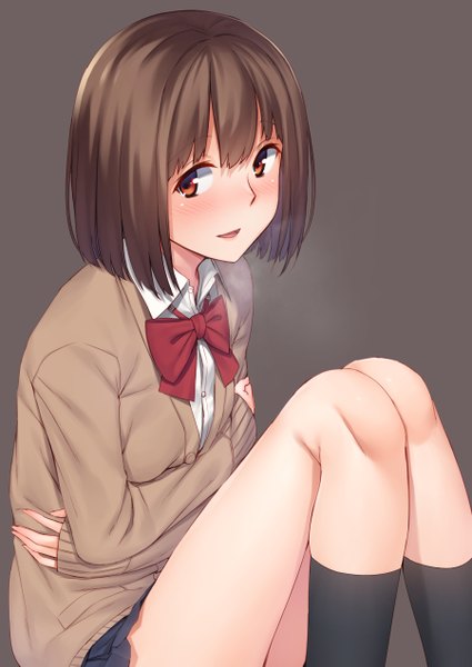 Anime picture 900x1271 with original mikazuchi zeus single tall image looking at viewer blush short hair open mouth simple background red eyes brown hair grey background girl uniform school uniform socks black socks