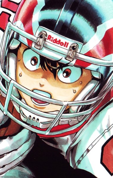 Anime picture 1543x2435 with eyeshield 21 production i.g kobayakawa sena tall image open mouth red eyes brown hair absurdres sweat close-up boy uniform gym uniform helmet