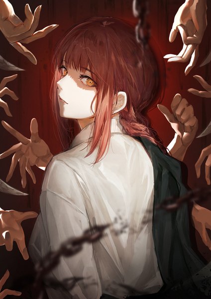 Anime picture 1447x2047 with chainsaw man mappa makima (chainsaw man) marumoru single long hair tall image looking at viewer fringe payot upper body red hair blunt bangs braid (braids) looking back from behind orange eyes single braid shaded face expressionless