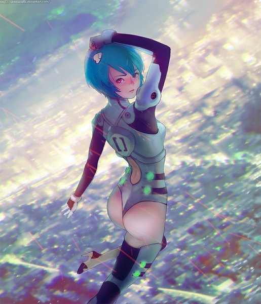 Anime picture 1000x1166 with neon genesis evangelion gainax ayanami rei ulrik single tall image looking at viewer fringe short hair light erotic red eyes blue hair bent knee (knees) ass looking back from behind girl bodysuit