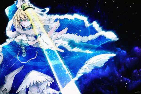 Anime picture 1920x1281 with fate (series) fate/stay night studio deen type-moon artoria pendragon (all) saber yayaftw (artist) long hair highres blonde hair green eyes looking away cleavage girl dress weapon sword