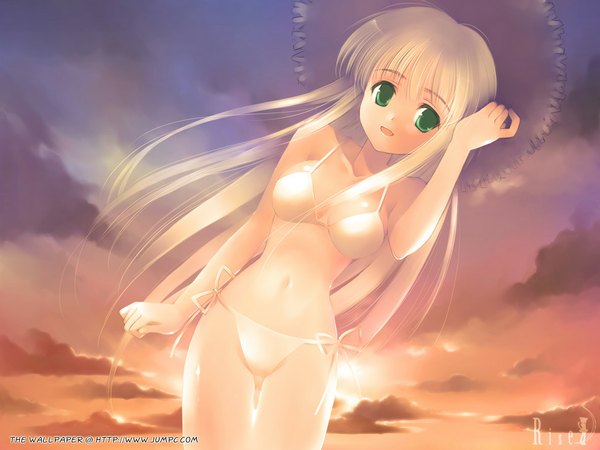Anime picture 1024x768 with toto seiro single long hair looking at viewer fringe breasts open mouth standing green eyes sky cloud (clouds) outdoors white hair blunt bangs arm up watermark evening sunset girl swimsuit