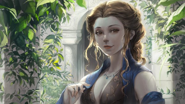 Anime picture 1920x1080 with a song of ice and fire margaery tyrell claparo-sans single long hair looking at viewer highres breasts light erotic brown hair wide image brown eyes signed cleavage upper body arm up lips realistic inscription mole