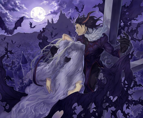 Anime picture 1205x1000 with original katsutake long hair black hair blonde hair cloud (clouds) night night sky silhouette vampire girl dress boy cross full moon castle bat