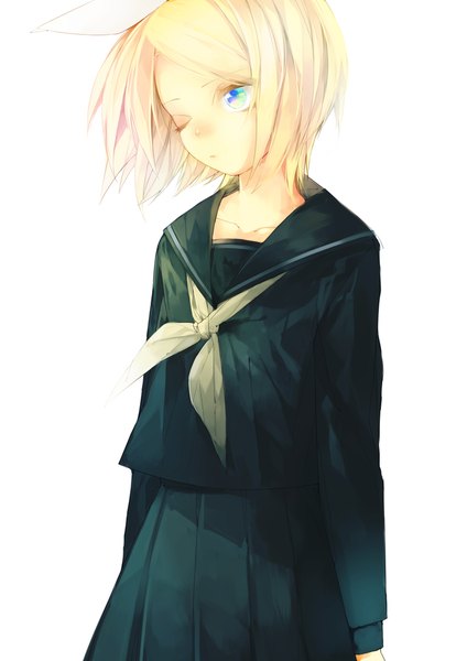 Anime picture 707x1000 with vocaloid kagamine rin asuna (i luv) single tall image short hair blue eyes simple background blonde hair white background looking away one eye closed wink girl uniform bow hair bow serafuku