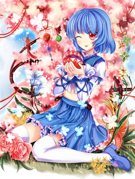 Anime picture 1738x2300 with touhou tatara kogasa vivian (artist) single tall image blush highres short hair red eyes blue hair one eye closed wink :p girl thighhighs dress flower (flowers) white thighhighs tongue